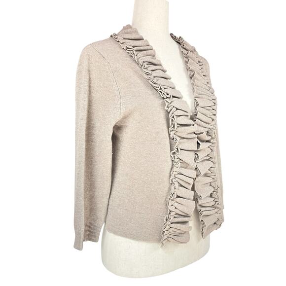 ANTHROPOLOGIE TABITHA Swift Current Ruffle-Front Tan Cardigan Size M Lambswool - Picture 4 of 9